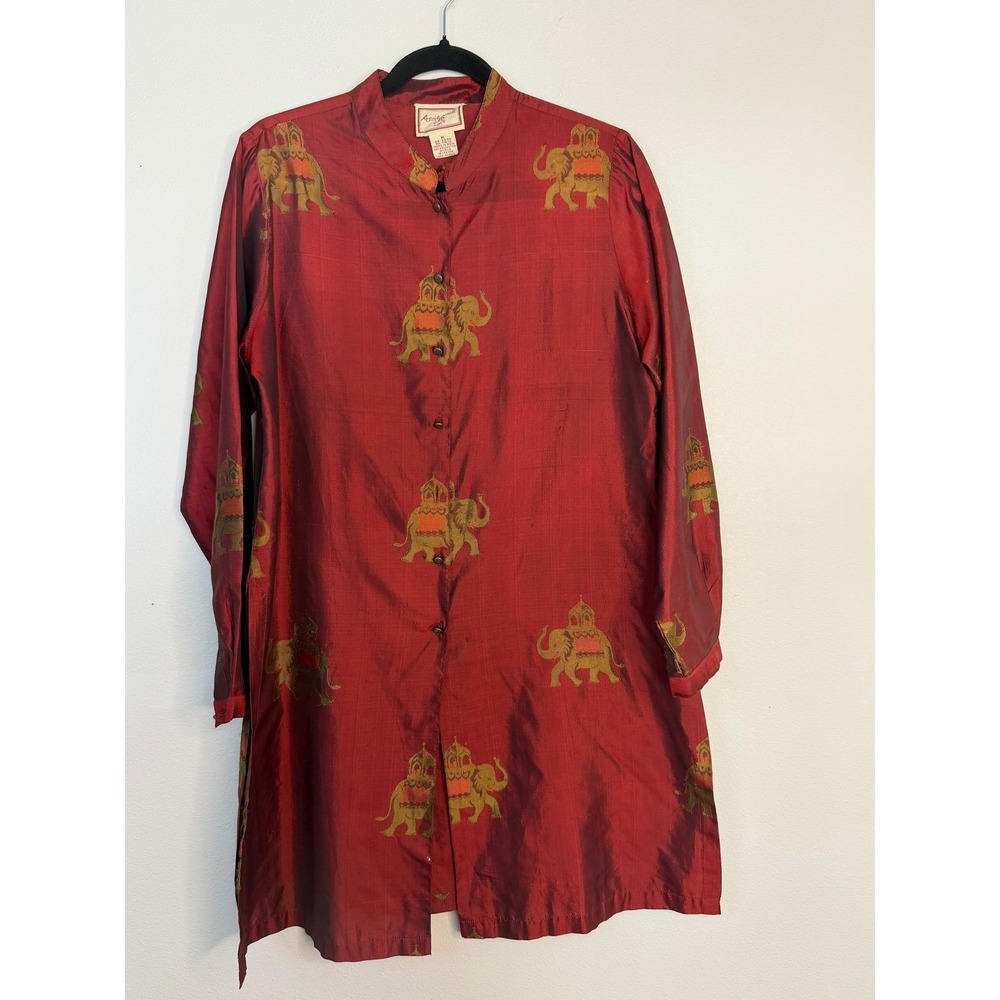April Cornell Burgundy Silk Blend Elephant Print Tunic Mandarin Collar Top M‎